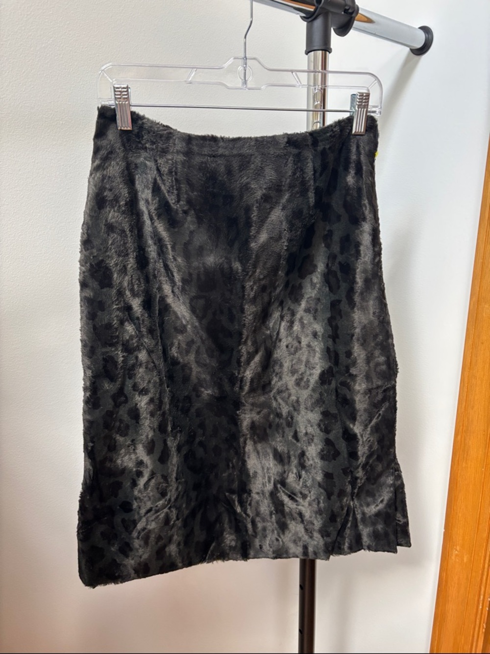 Vintage Harold's Black Faux Fur Leopard Pencil Skirt w/ Side Slit